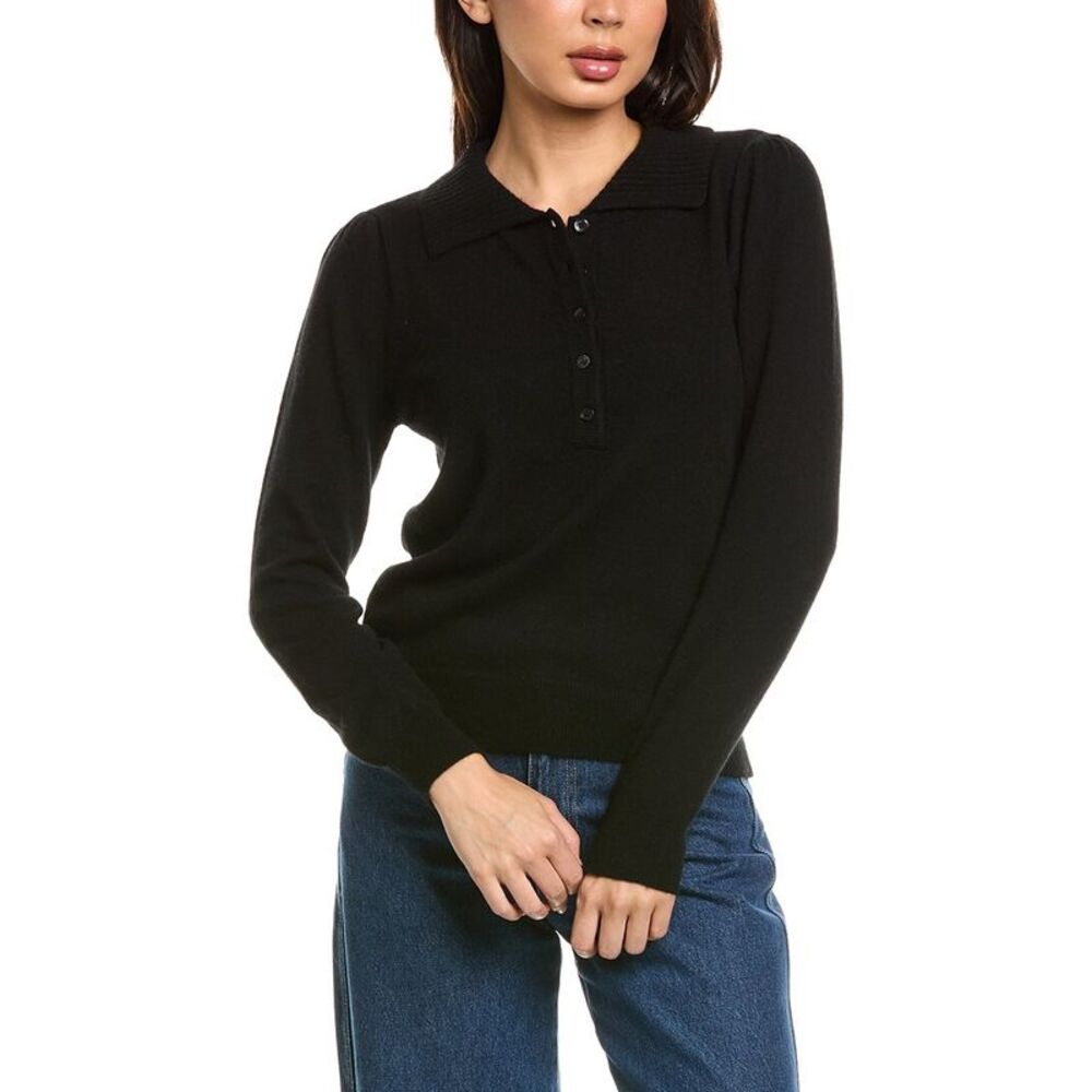 The Cashmere Project Womens  Puff Sleeve Lady 100% Cashmere Polo Sweater, Black